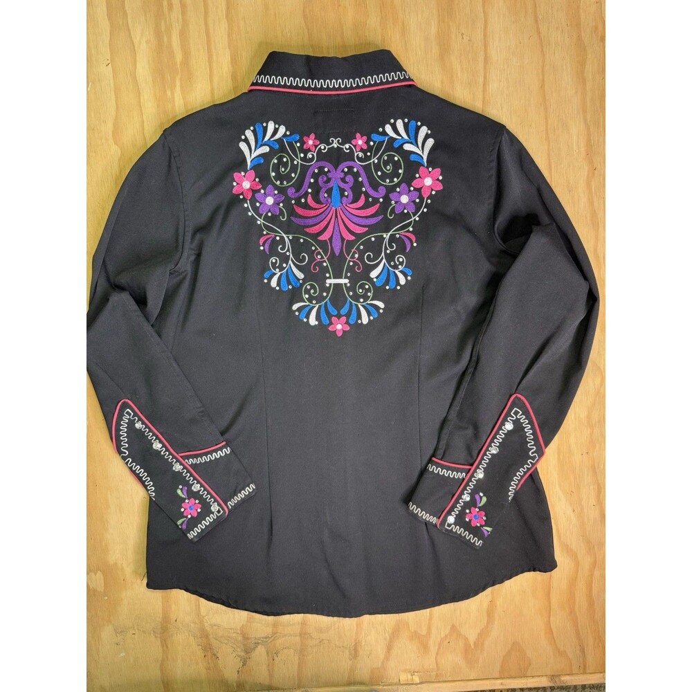 Panhandle Slim Women's XL Black Embroidered Western Shirt Pearl Snap Floral